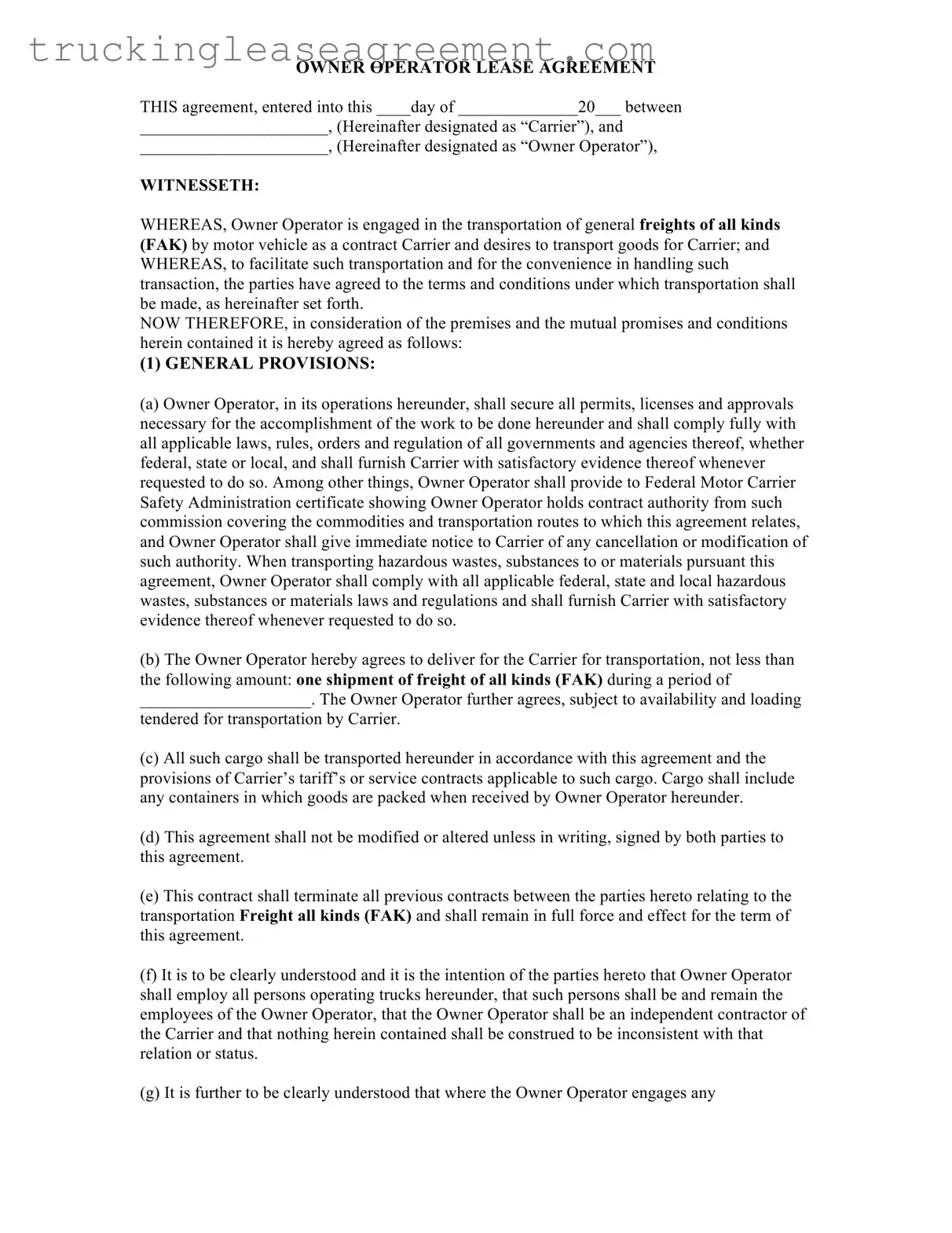 Owner Operator Lease Agreement Form
